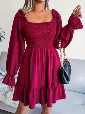 Smocked Square-Neck Long-Sleeve Ruffled Dress